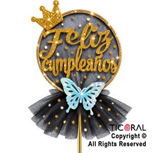 CAKE TOPPER FELIZ CUMPLEA�OS CIRCULO ORO CON TUL NEGRO
